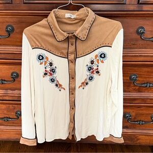 Floral Embroidered Button Down Shirt - Cream and Brown